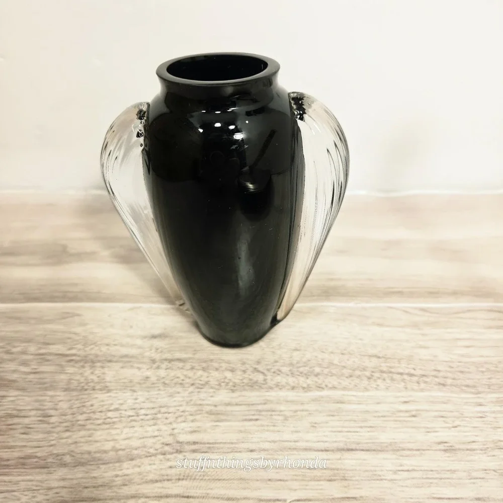 Vintage 1983 Two's Company Art Deco Hand Blown Black Glass Vase